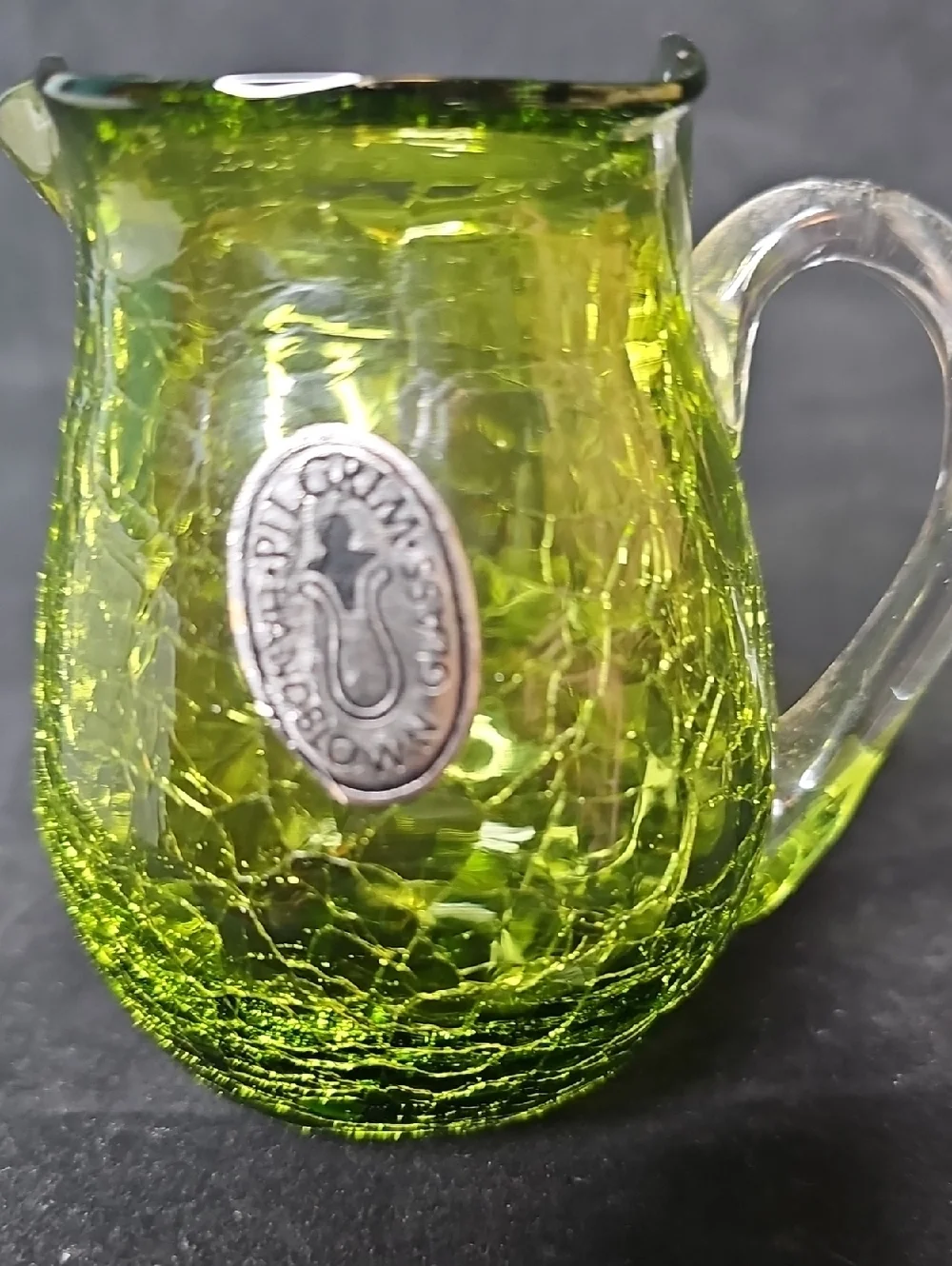 Pilgrim Handblown Crackle Glass Pitcher in Green with Clear Handle